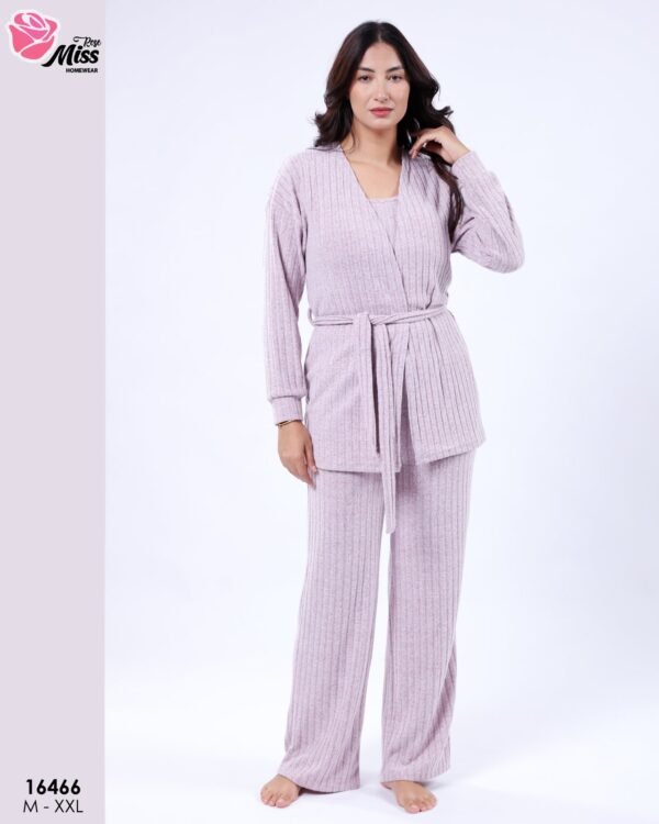 Rose Miss Ensemble pyjama côtelé gilet et débardeur 3 pièces – Réf 16466 – Lilas