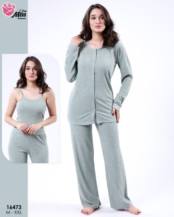Rose Miss Pyjama 3 pièces côtelé avec gilet – Réf 16473 – Vert d'eau