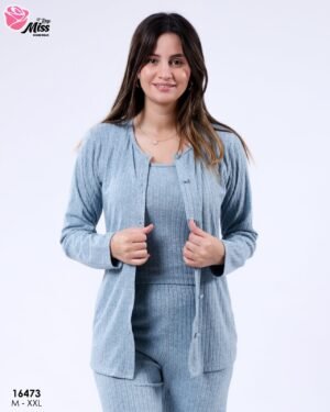 Rose Miss Pyjama 3 pièces côtelé avec gilet – Réf 16473 – Bleu gris