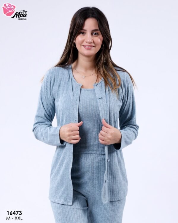 Rose Miss Pyjama 3 pièces côtelé avec gilet – Réf 16473 – Bleu gris