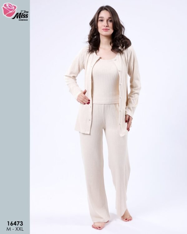 Rose Miss Pyjama 3 pièces côtelé avec gilet – Réf 16473 – Écru