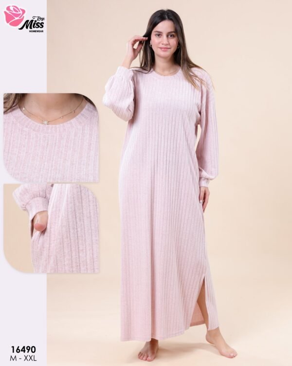 Rose Miss Chemise de nuit longue côtelée – Réf 16490 – Rose pâle