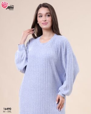 Rose Miss Chemise de nuit longue côtelée – Réf 16490 – Bleu lavande