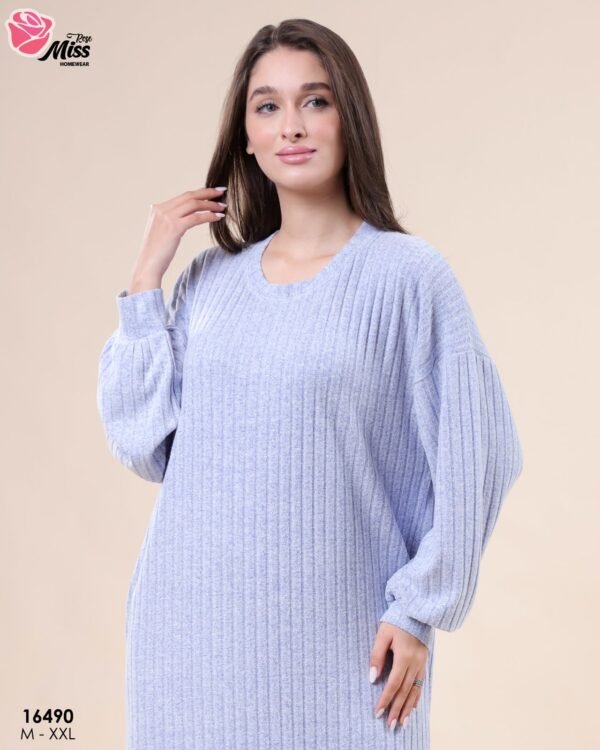 Rose Miss Chemise de nuit longue côtelée – Réf 16490 – Bleu lavande