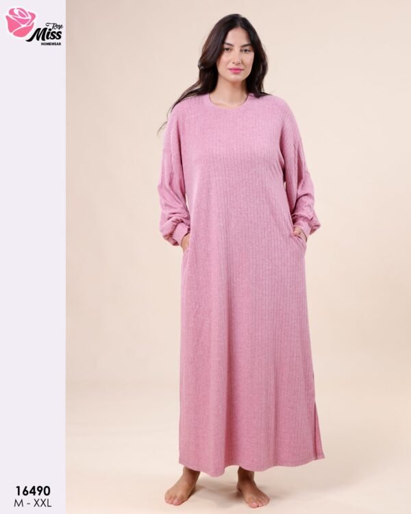 Rose Miss Chemise de nuit longue côtelée – Réf 16490 – Vieux rose