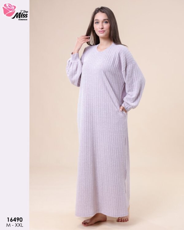 Rose Miss Chemise de nuit longue côtelée – Réf 16490 – Lilas