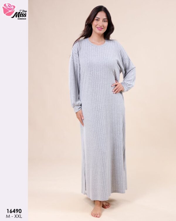 Rose Miss Chemise de nuit longue côtelée – Réf 16490 – Gris