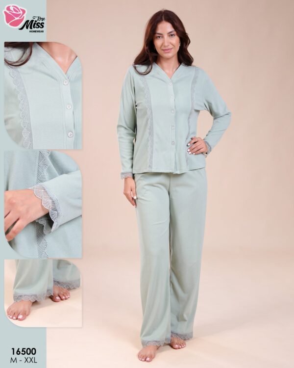 Rose Miss Pyjama boutonné dentelle – Réf 16500 – Vert d'eau