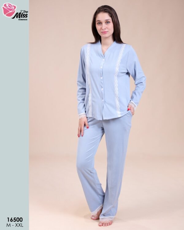 Rose Miss Pyjama boutonné dentelle – Réf 16500 – Bleu ciel