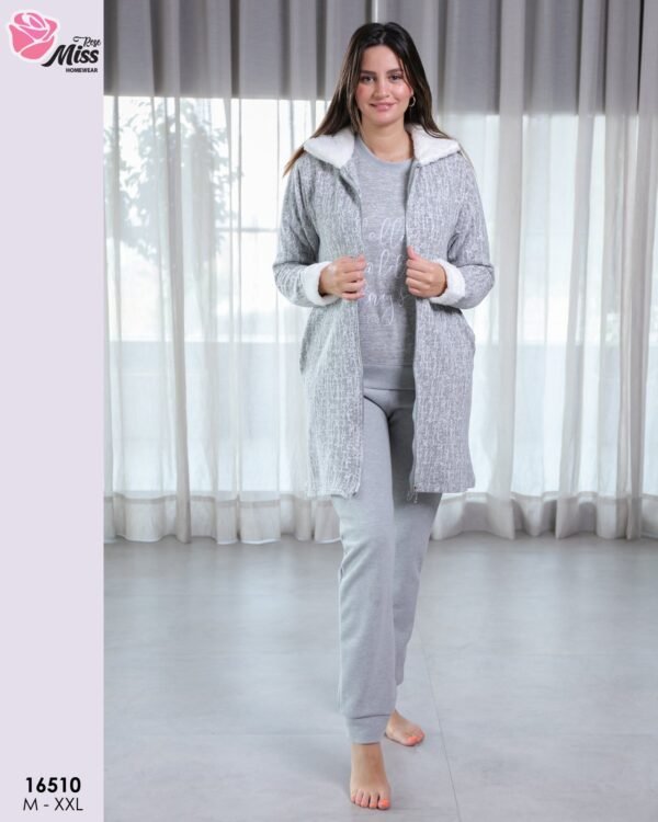 Rose Miss Ensemble pyjama polaire et veste zippée 3 pièces – Réf 16510 – Gris