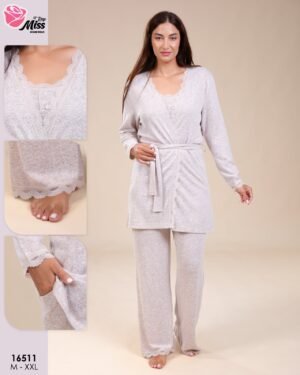 Rose Miss Pyjama 3 pièces avec gilet dentelle – Réf 16511 – Beige