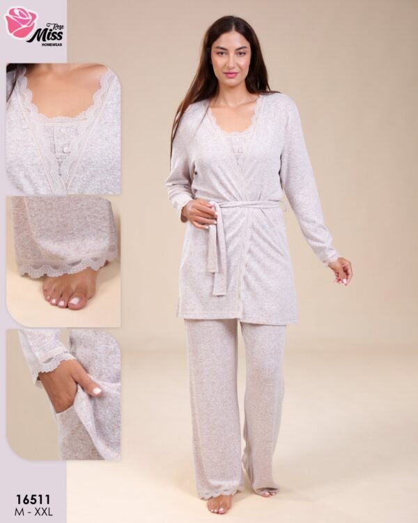 Rose Miss Pyjama 3 pièces avec gilet dentelle – Réf 16511 – Beige