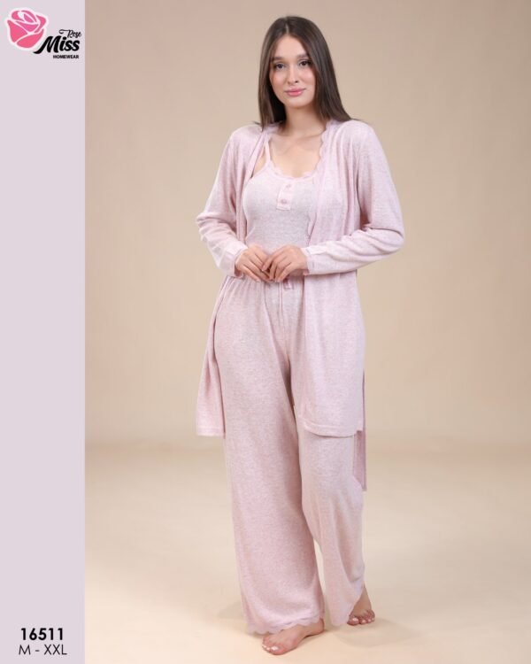 Rose Miss Pyjama 3 pièces avec gilet dentelle – Réf 16511 – Rose