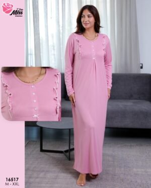 Rose Miss Chemise de nuit longue côtelée – Réf 16517 – Rose
