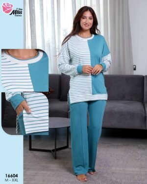 Rose Miss Pyjama rayé bicolore – Réf 16604 – Blanc pétrole