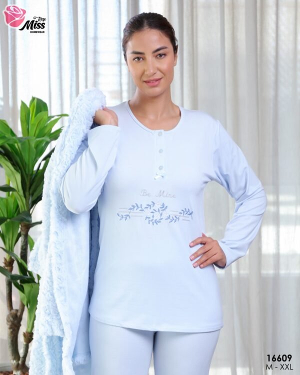 Rose Miss Ensemble pyjama et peignoir fourrure 3 pièces – Réf 16609 – Bleu clair