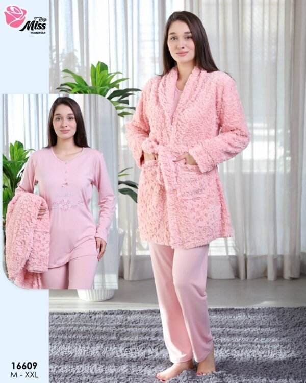 Rose Miss Ensemble pyjama et peignoir fourrure 3 pièces – Réf 16609 – Rose