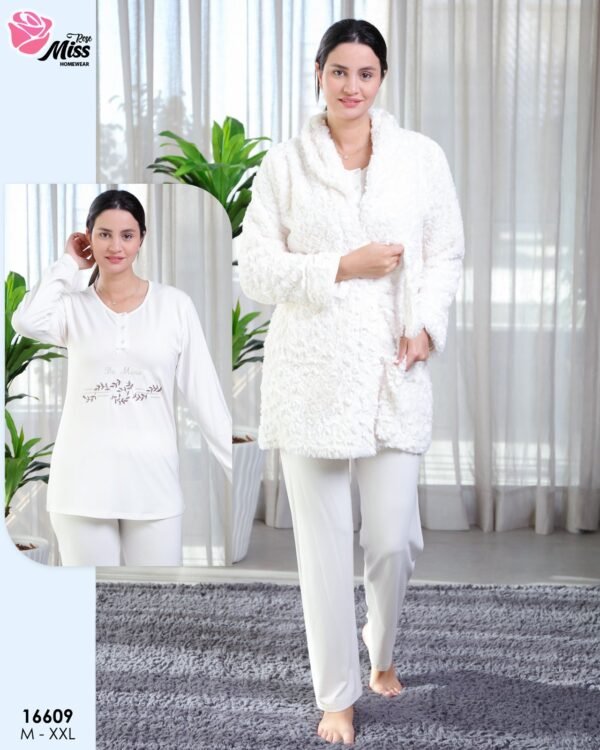 Rose Miss Ensemble pyjama et peignoir fourrure 3 pièces – Réf 16609 – Blanc