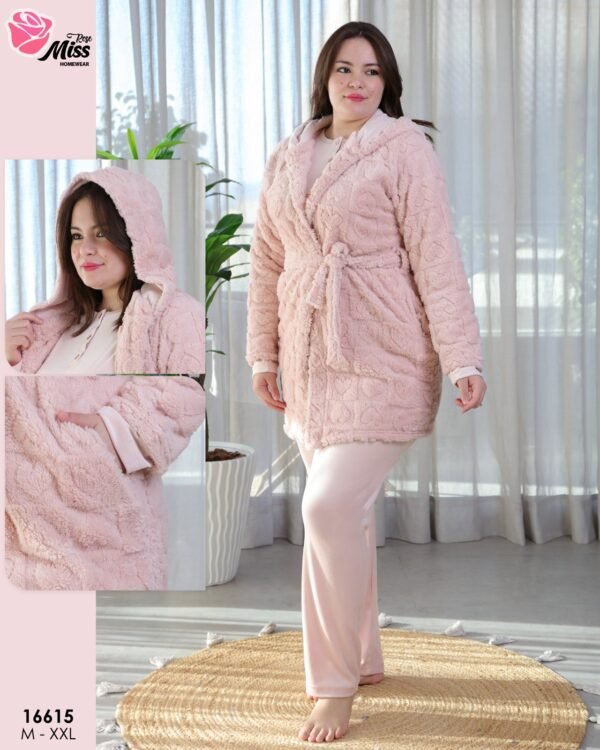 Rose Miss Ensemble pyjama polaire et peignoir capuche 3 pièces – Réf 16615 – Rose pâle