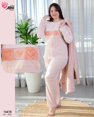 Rose Miss Ensemble pyjama polaire et peignoir capuche 3 pièces – Réf 16615 – Rose