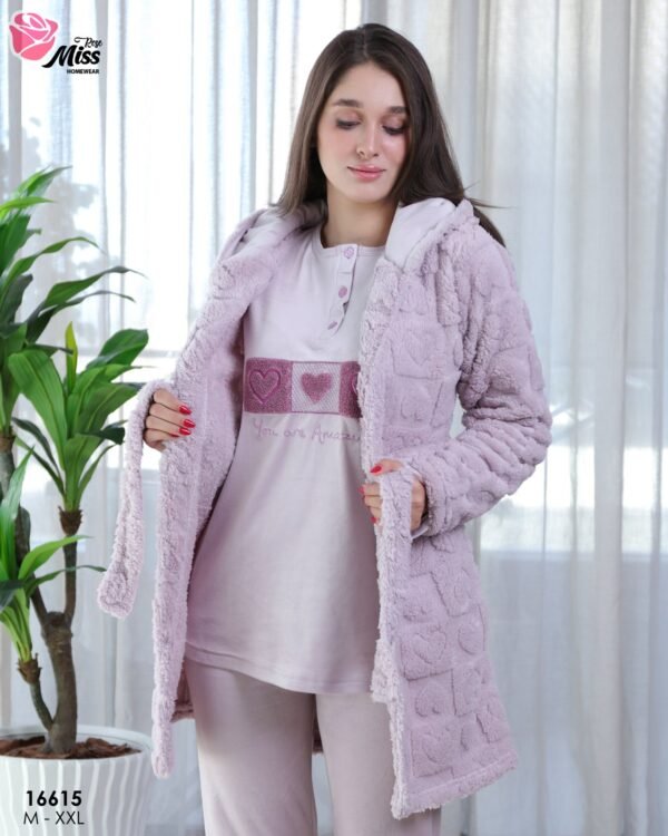 Rose Miss Ensemble pyjama polaire et peignoir capuche 3 pièces – Réf 16615 – Lilas