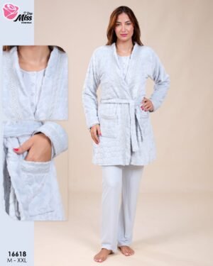 Rose Miss Ensemble pyjama et peignoir 3 pièces – Réf 16618 – Gris clair