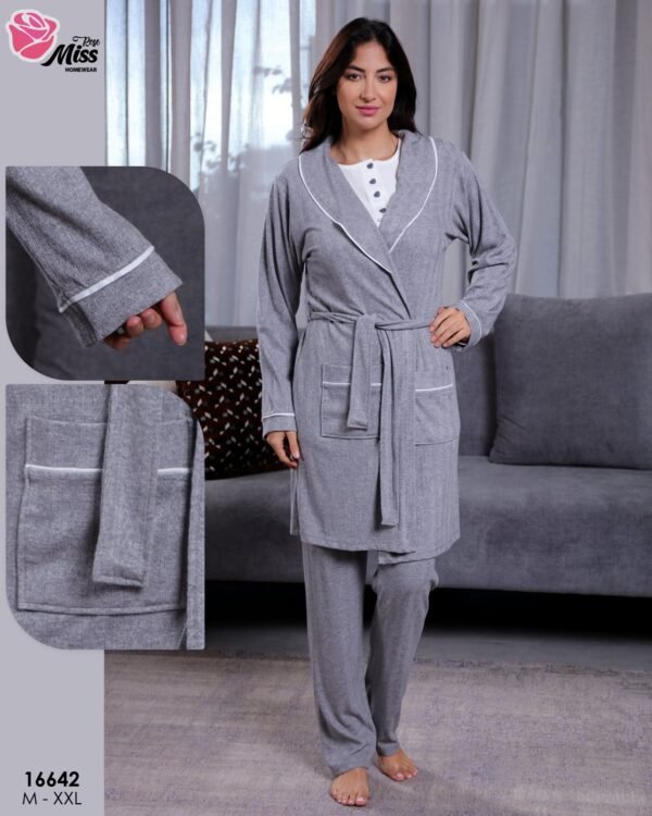 Rose Miss Ensemble pyjama et peignoir 3 pièces – Réf 16642 – Gris