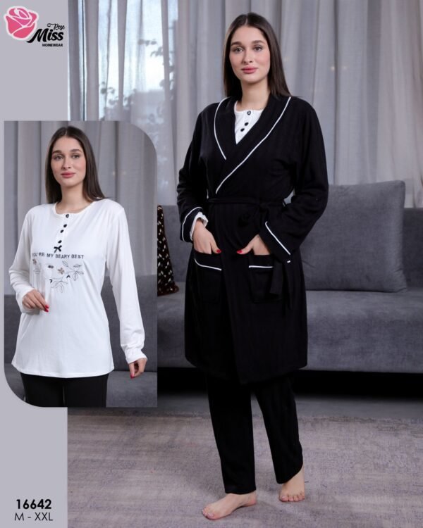 Rose Miss Ensemble pyjama et peignoir 3 pièces – Réf 16642 – Noir