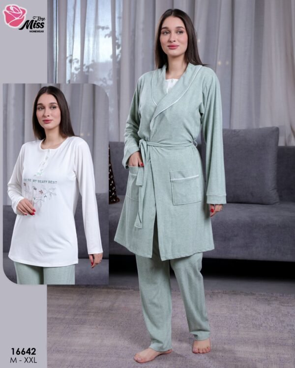 Rose Miss Ensemble pyjama et peignoir 3 pièces – Réf 16642 – Vert d'eau
