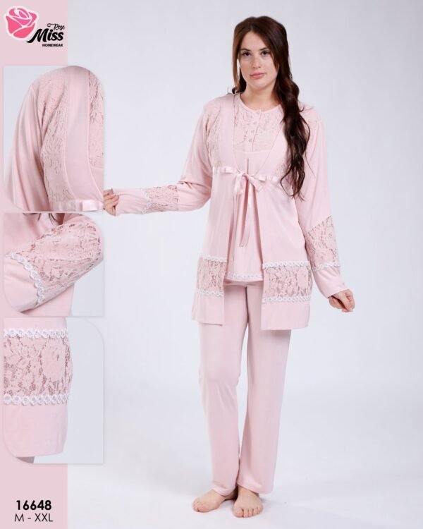Rose Miss Ensemble pyjama et gilet dentelle 3 pièces – Réf 16648 – Rose