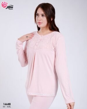 Rose Miss Ensemble pyjama et gilet dentelle 3 pièces – Réf 16648 – Rose pâle