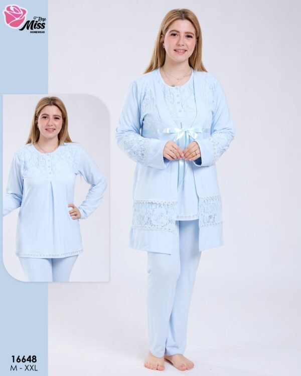 Rose Miss Ensemble pyjama et gilet dentelle 3 pièces – Réf 16648 – Bleu ciel