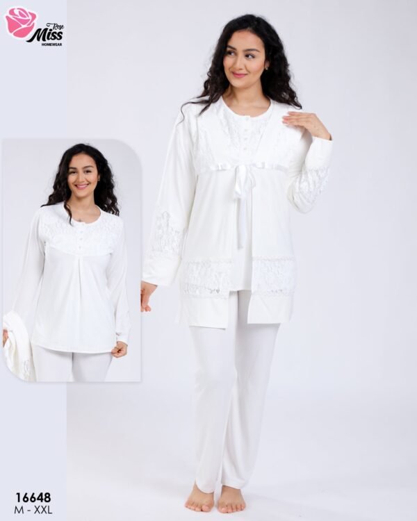 Rose Miss Ensemble pyjama et gilet dentelle 3 pièces – Réf 16648 – Blanc
