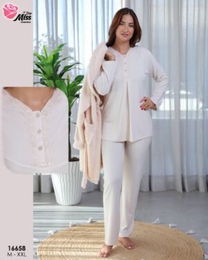Rose Miss Ensemble pyjama et peignoir fourrure 3 pièces – Réf 16658 – Crème