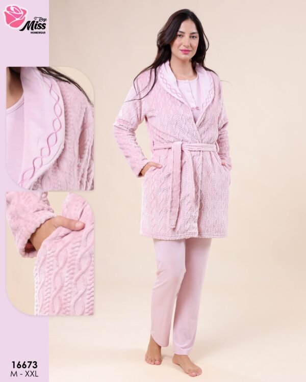 Rose Miss Ensemble pyjama et peignoir 3 pièces – Réf 16673 – Rose