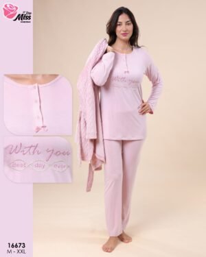 Rose Miss Ensemble pyjama et peignoir 3 pièces – Réf 16673 – Rose pâle