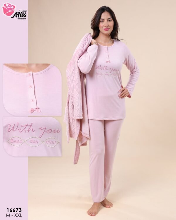 Rose Miss Ensemble pyjama et peignoir 3 pièces – Réf 16673 – Rose pâle