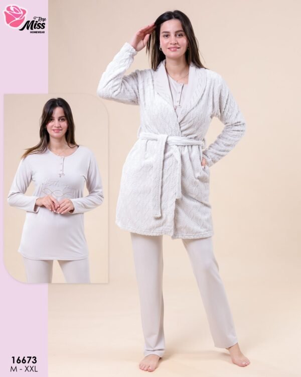 Rose Miss Ensemble pyjama et peignoir 3 pièces – Réf 16673 – Beige