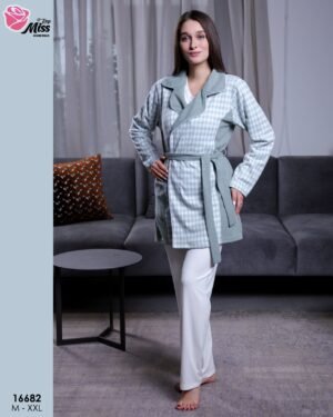Rose Miss Ensemble pyjama et veste à carreaux 3 pièces – Réf 16682 – Vert d'eau
