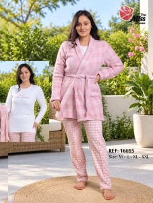 Rose Miss Pyjama 3 pièces avec robe de chambre vichy – Réf 16695 – Rose