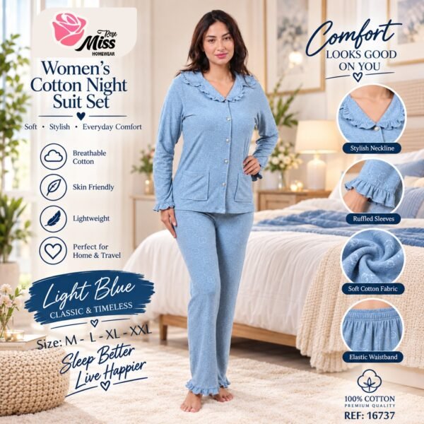 Rose Miss Pyjama boutonné coton volants – Réf 16737 – Bleu clair