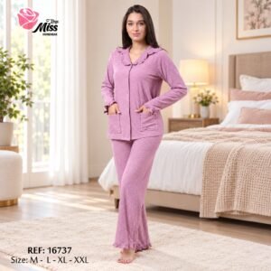 Rose Miss Pyjama boutonné coton volants – Réf 16737 – Rose