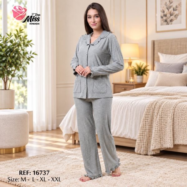 Rose Miss Pyjama boutonné coton volants – Réf 16737 – Gris