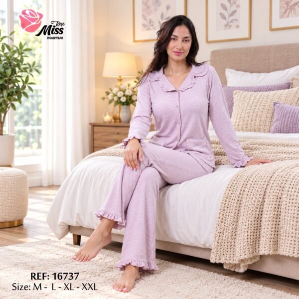 Rose Miss Pyjama boutonné coton volants – Réf 16737 – Lilas