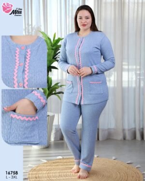 Rose Miss Pyjama boutonné côtelé – Réf 16758 – Bleu