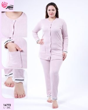 Rose Miss Pyjama boutonné côtelé – Réf 16772 – Rose pâle