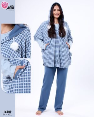Rose Miss Ensemble pyjama et poncho à capuche 3 pièces – Réf 16809 – Bleu