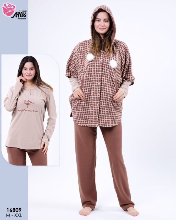 Rose Miss Ensemble pyjama et poncho à capuche 3 pièces – Réf 16809 – Marron