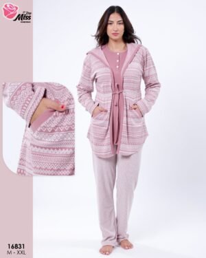 Rose Miss Ensemble pyjama et gilet jacquard capuche 3 pièces – Réf 16831 – Vieux rose