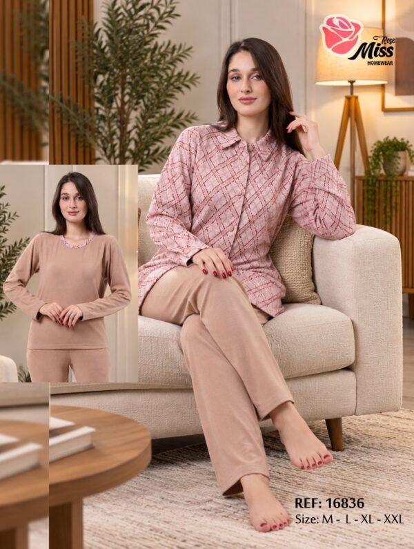 Rose Miss Pyjama chemise imprimée losanges – Réf 16836 – Beige rosé